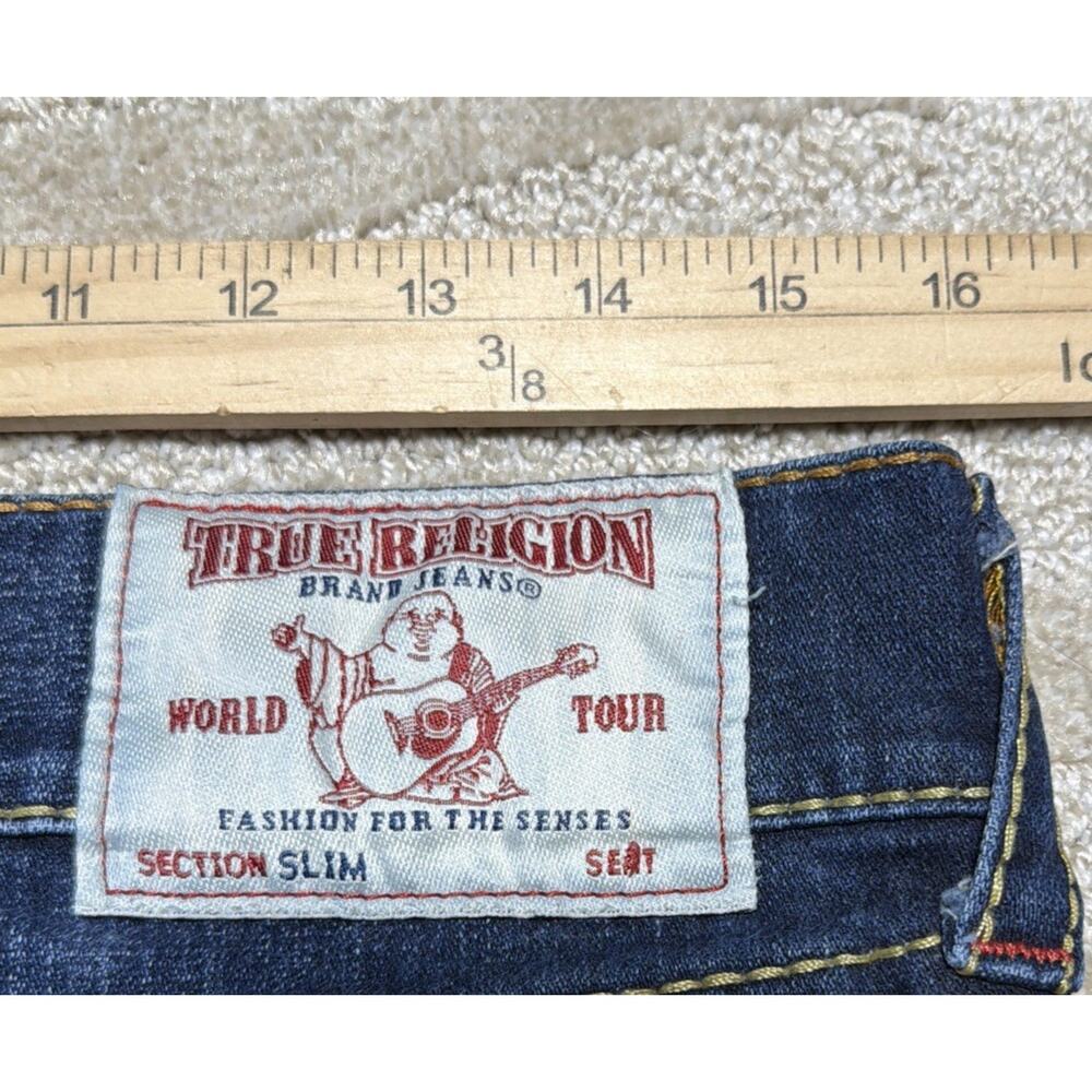 True Religion World Tour 32x32 Ultra Indigo Slim Flap Big T Mens Jeans Excellent - Picture 7 of 9